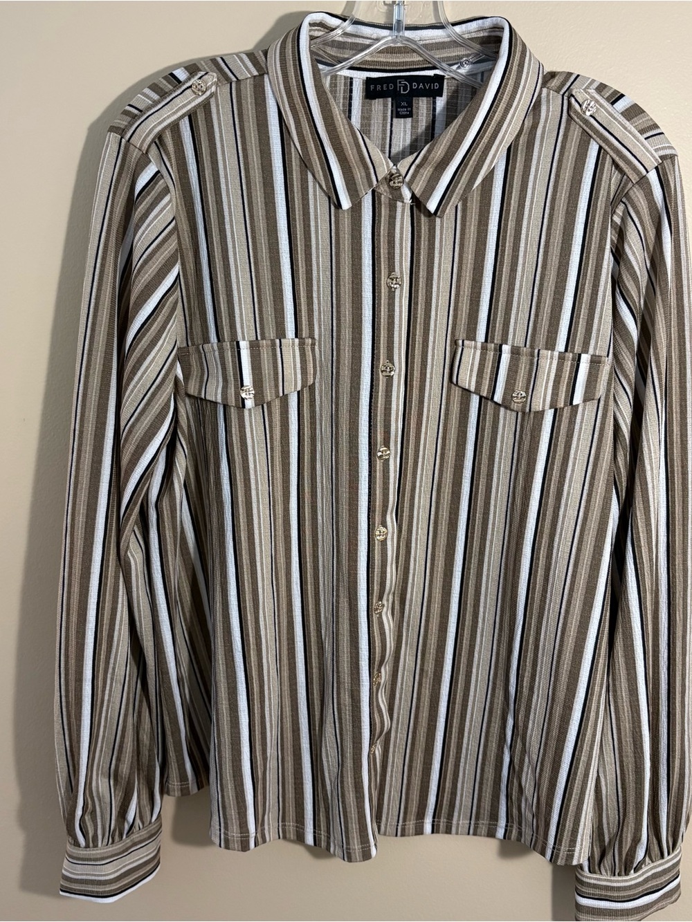 Fred David Neutral Striped Button Down Blouse Top  Size XL